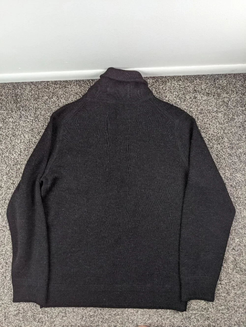 J Crew Sweater 100% Wool Shawl Polo 1/4 Button Black Gray Mens Large
